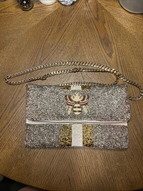 Beaded Metallic Gold & Silver Crossbody Clutch with Bee Accent